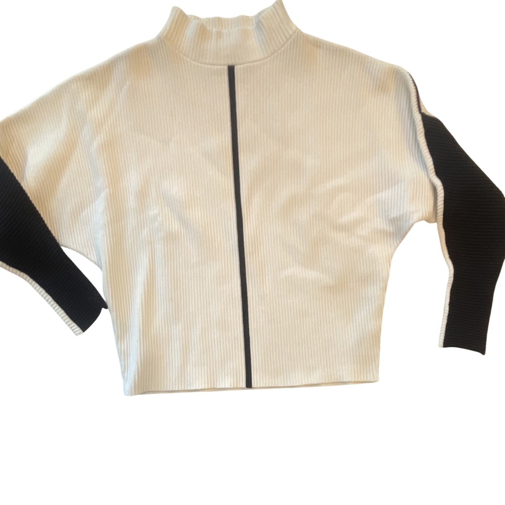 Tahari Women's S White/Black Colorblock Rib-Knit Mock Neck Pullover Sweater